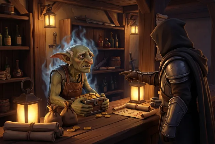 A frightened NPC shopkeeper nervously dealing with an adventurer — emotions should drive behavior.